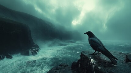 A lone raven watches turbulent waves crash against misty cliffs in the twilight