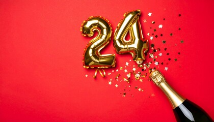 24th anniversary champagne bottle balloon pop, red background