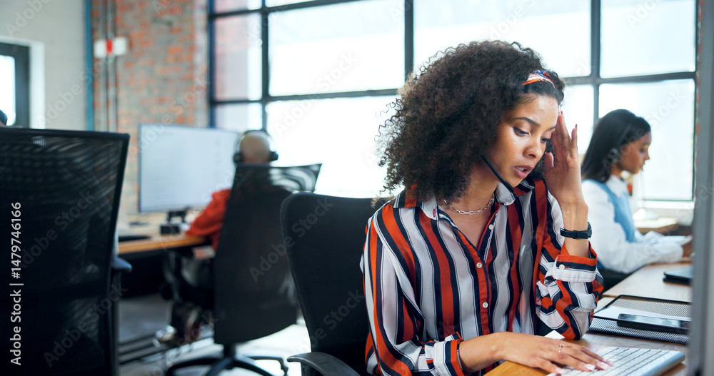 Poster computer, headache and stress with woman in call center for assistance, feedback or problem solving.