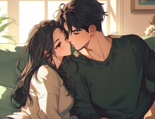 K-Pop Romance Korean Manga Illustration of a Young Couple Hanging Out	