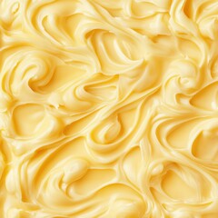 Obraz premium Close up of smooth yellow cream texture background from above in studio lighting for food or cosmetic use