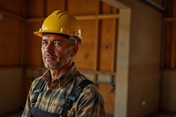 Construction worker wearing a yellow hard hat in a building site