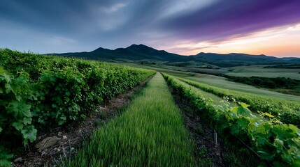 Obraz premium Vineyard rows at sunset, scenic landscape