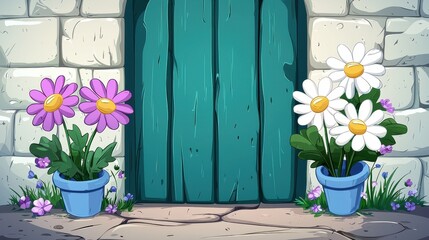 Purple And White Daisy Flowers In Pots Beside Teal Door Stone Wall Pixel Art
