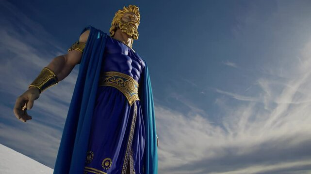 Mythical warrior in blue and gold stands barefoot on snowy slope under dramatic sky

