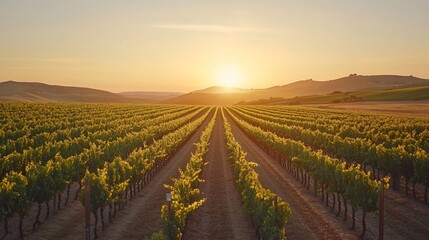 Vineyards at sunrise.  Golden hour over rows of grapevines