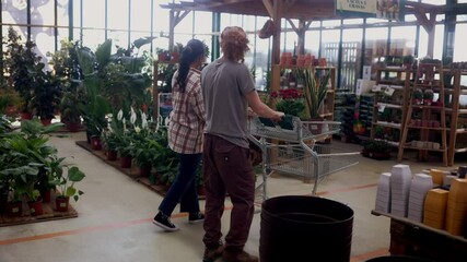 Professional nursery workers pushing empty shopping cart between rows of potted plants inside spacious, well lit commercial greenhouse, displaying collaborative teamwork during daily operations