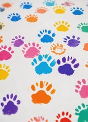 Bold multicolored paw prints on white backdrop ,  background, dog paw,  repeat