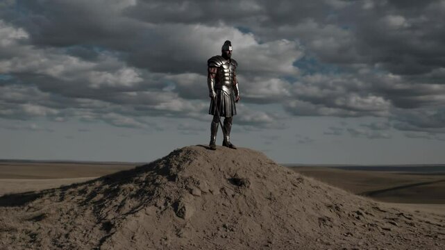 Lone armored figure stands on desert mound under dramatic sky surveying vast barren landscape

