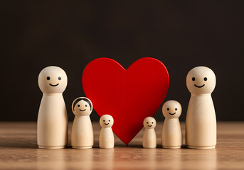 Wooden family figurines stand lovingly beside a large red heart symbolizing family unity, love, togetherness, and strong bonds, depicting heartwarming family values and relationships.