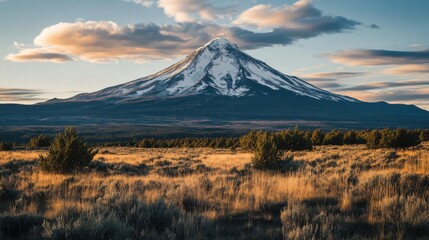 Fototapeta premium Mount Shasta scenic landscape view at sunset; snow covered peak in Northern California; golden light over meadow and forest