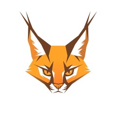 Obraz premium Geometric Caracal Head A stylized feline portrait in orange and brown hues, set against a stark white background. Intense gaze.