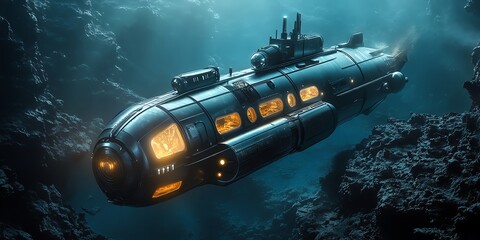 Obraz premium Futuristic submarine exploring deep ocean. Illuminated vessel navigating underwater cave. Dramatic lighting, vibrant colors.