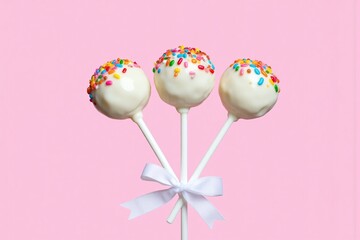 three white cake pops with sprinkles on a pink background