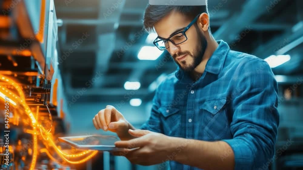 Poster tech engineer at work: a focused engineer in a technological setting, intensely examining data displ