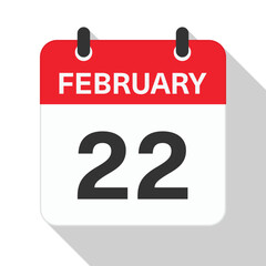 February 22 Daily Calendar. Red Theme on White Background