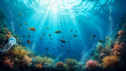 Fototapeta premium Beautiful Underwater Ocean Scene with Colorful Coral and Marine Life Illustration