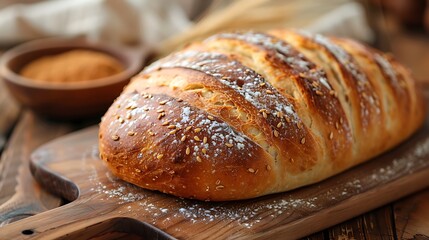 Fototapeta premium Artisan Sesame Bread Loaf Baked Fresh Rustic Wooden Board Delicious Crusty Texture