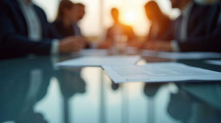 Close-Up of a Corporate Meeting Under Warm Lighting – Microphotography of Reflections and Paper Textures