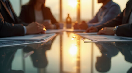 Close-Up of a Corporate Meeting Under Warm Lighting – Microphotography of Reflections and Paper Textures