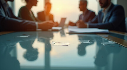 Close-Up of a Corporate Meeting Under Warm Lighting – Microphotography of Reflections and Paper Textures
