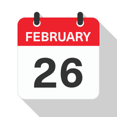 February 26 Daily Calendar. Red Theme on White Background