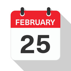 Fototapeta premium February 25 Daily Calendar. Red Theme on White Background