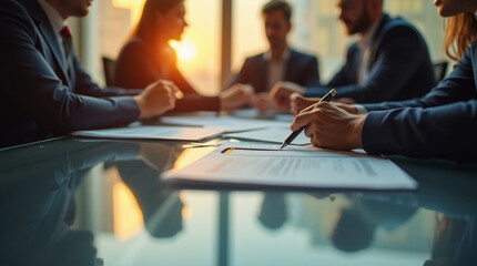 Close-Up of a Corporate Meeting Under Warm Lighting – Microphotography of Reflections and Paper Textures