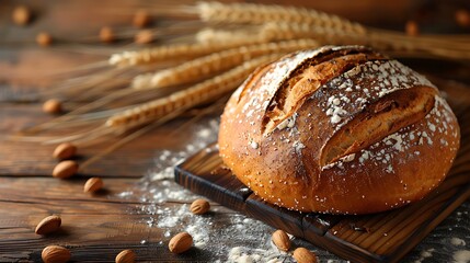 Artisan sourdough bread loaf baked to perfection sits on a rustic wooden board surrounded by wheat and almonds.