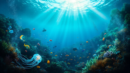 Fototapeta premium Beautiful Underwater Ocean Scene with Colorful Coral and Marine Life Illustration