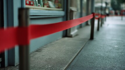 Obraz premium A red tape barrier lines a city sidewalk, subtly hinting at restriction and order in an urban environment.