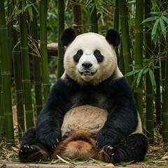 Obraz premium A panda sits beneath bamboo trees peacefully, its soft face and calm posture radiating quiet joy and innocent wonder.