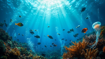 Naklejka premium Beautiful Underwater Ocean Scene with Colorful Coral and Marine Life Illustration