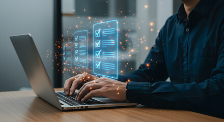 Businessman using laptop for task management software application checklist digital planning online project efficient workflow productivity workspace technology concept