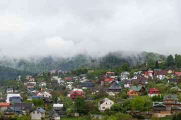 foggy wet morning in a small mountain town