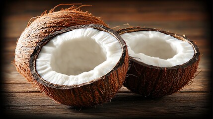 Two halves of a coconut on a rustic wooden surface