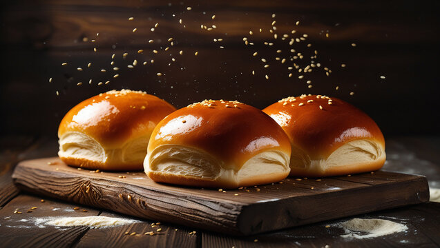 Golden brioche buns on wood with floating sesame seeds. Warm, textured look ideal for bakery branding, food banner, artisan bread menu.