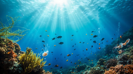 Beautiful Underwater Ocean Scene with Colorful Coral and Marine Life Illustration