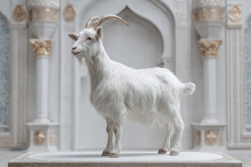 Fototapeta premium White goat positioned gracefully in a light-filled, ornate setting.