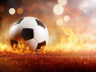 Fototapeta premium Soccer Ball on Fire Close Up Shot Burning with Intense Flames on Field Background for Sports Event