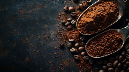 Moody Coffee Beans and Ground Coffee on Spoons, Dark moody image of coffee beans and ground coffee on metal spoons