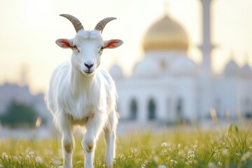 Obraz premium White goat in a grassy field near a mosque.