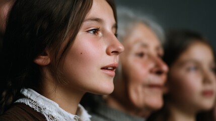 Obraz premium A thoughtful portrait captures a young girl, her curiosity echoed by an older woman's calm presence in a moment of shared contemplation.