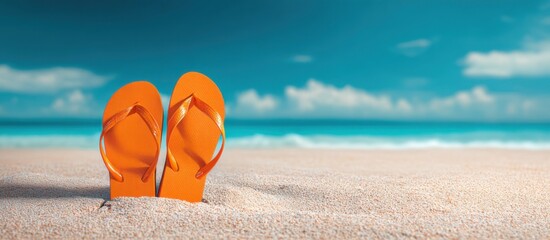 Bright orange flip flops sit on sandy beach with tranquil ocean and clear blue skies in the background during a sunny day