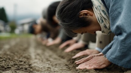 People bow down, touching fresh soil in a symbolic gesture of respect and connection with nature, emphasizing tradition and earth’s bounty.