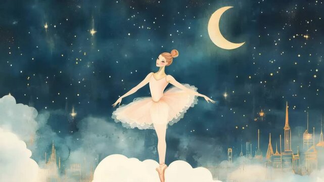 Ballerina Dancing on Clouds under a Night Sky with Crescent Moon and Cityscape