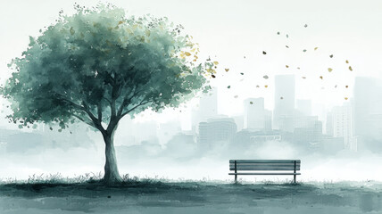 Obraz premium Peaceful park scene with tree and bench, city skyline backdrop.