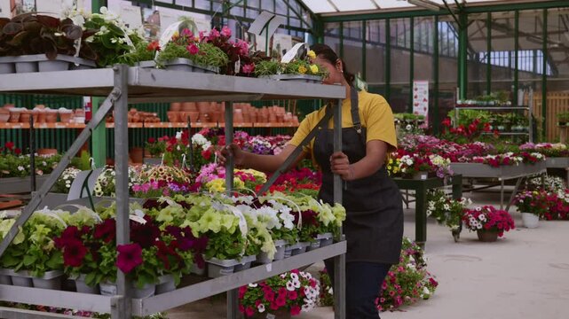 Young nursery worker pushing a metal cart loaded with colorful flowers in pots, arranging and organizing plants in a greenhouse or garden center