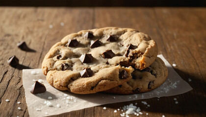 Freshly baked chocolate chip cookies with a golden brown crust, sprinkled with sea salt, placed on parchment paper, capturing the soft, gooey center and melted chocolate chips in a rustic kitchen sett