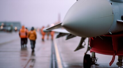 A sleek aircraft stands poised on a wet tarmac, with figures clad in orange visible in the background, highlighting precision and teamwork.